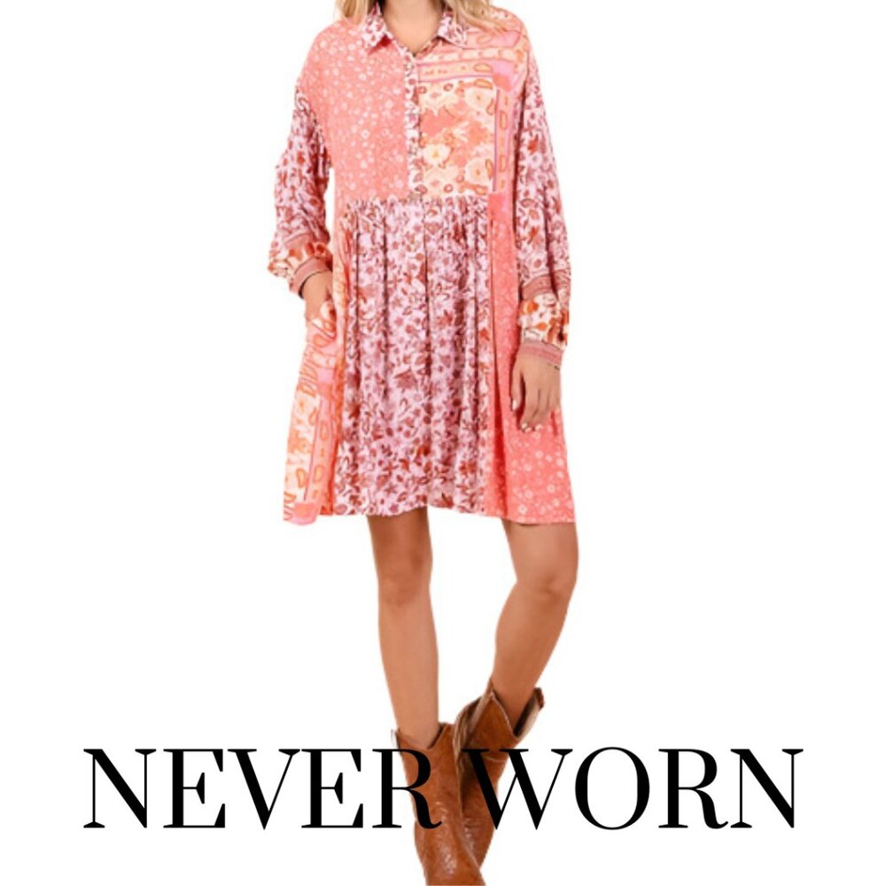 Mittoshop Floral Button Detail Long Sleeve Shirt Dress